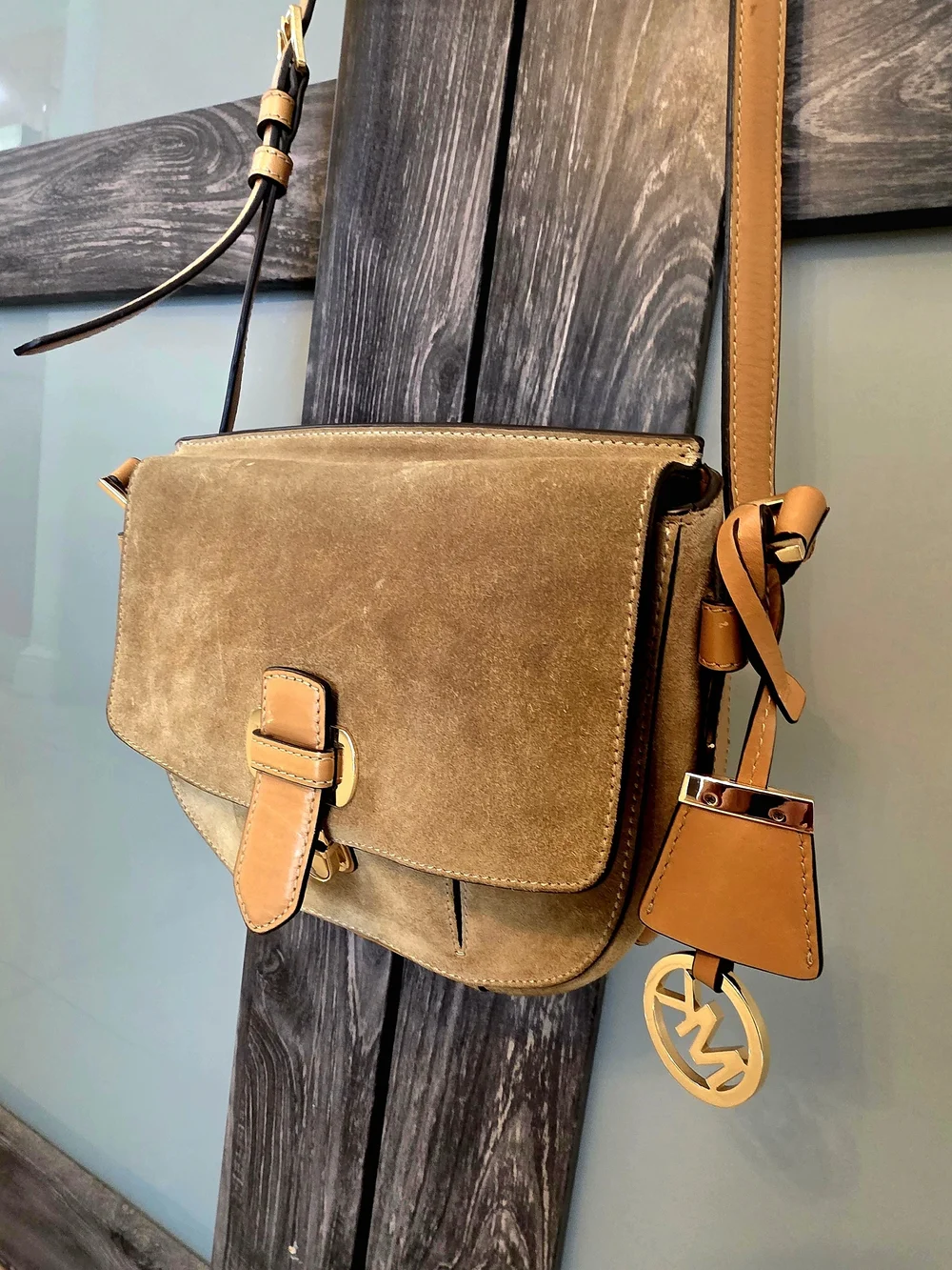 Michael Kors Tan Suede Leather Shoulder Bag - Gold Hardware, Buckle, MK Charm - Picture 5 of 12